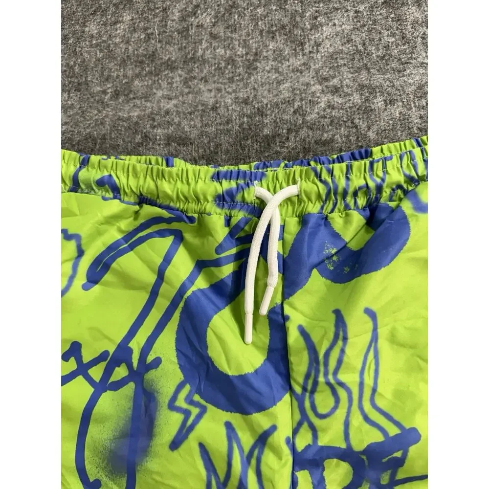 Bohooman Swim Shorts Mens Medium Trunks Lime Green Graffiti Mesh Lined N46